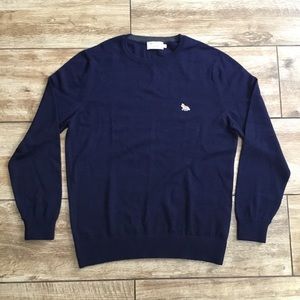 Mens Maison Kitsune Dark Blue Fox Logo Wool Sweater Pullover Size Large